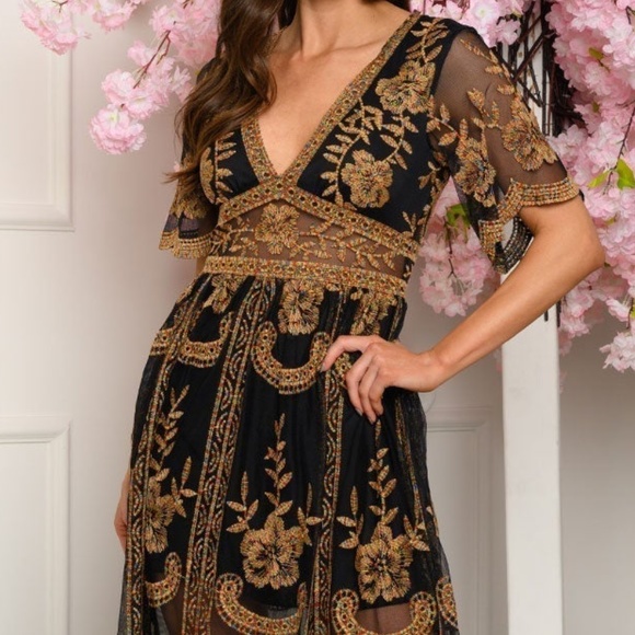 Gold & Black lace & embroidered maxi Dress - Picture 5 of 14